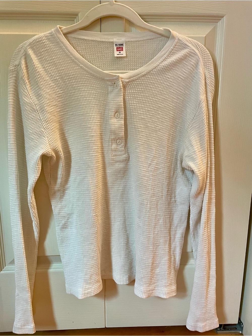 Re/Done Ivory Waffle Knit Henley Long Sleeve Top